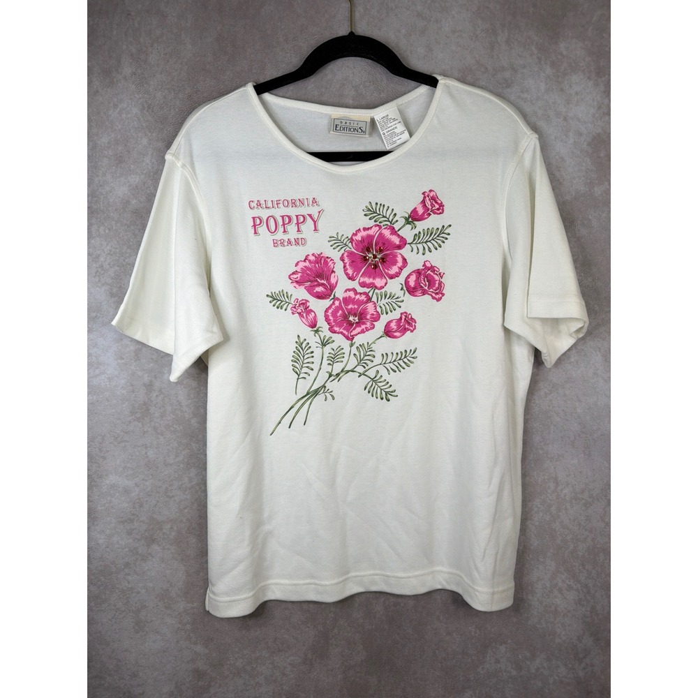 NWT VTG Basic Editions T-Shirt Women Large White California Poppy Floral Sequin